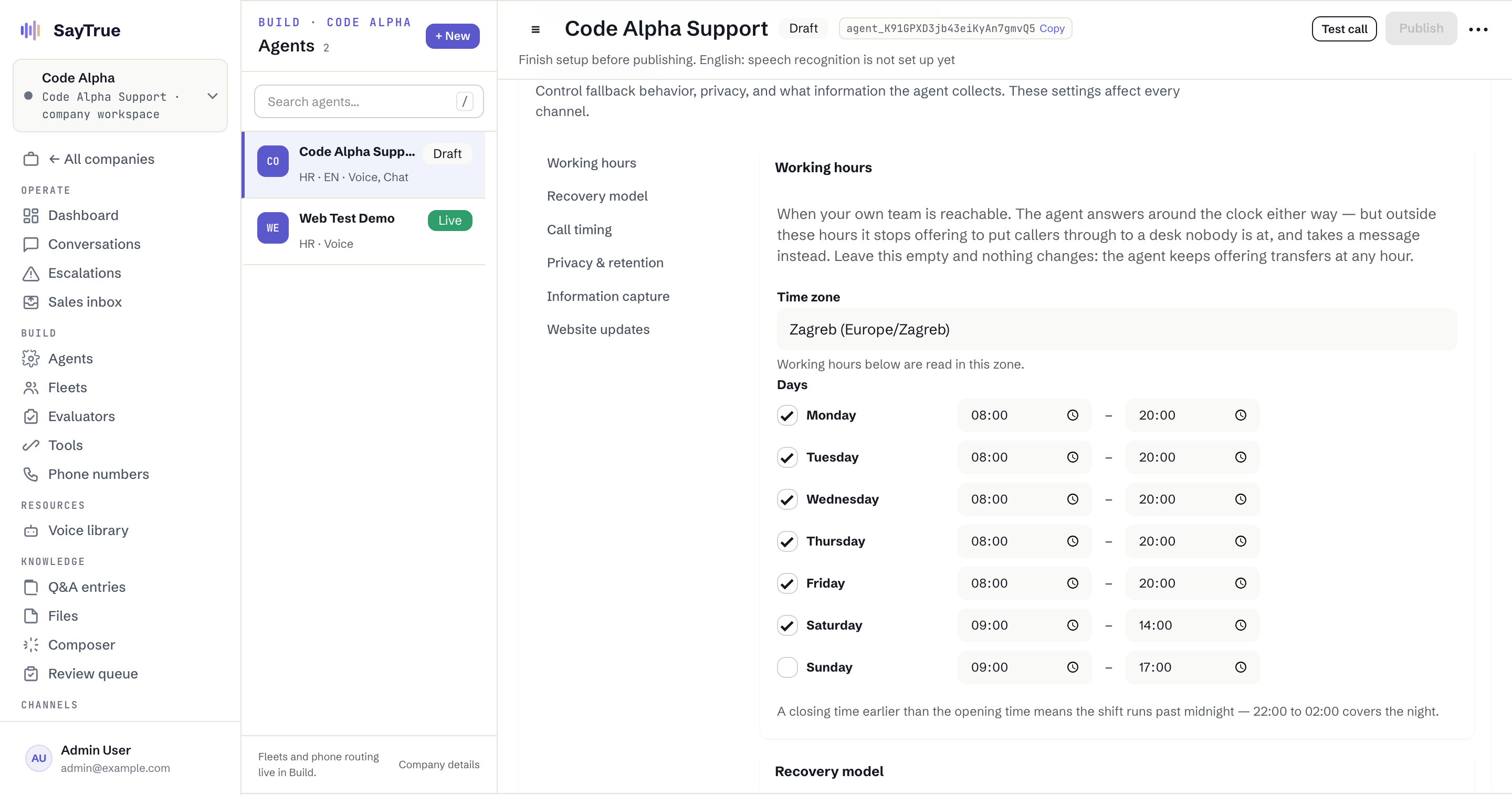 Working-hour controls for a trades on-call route