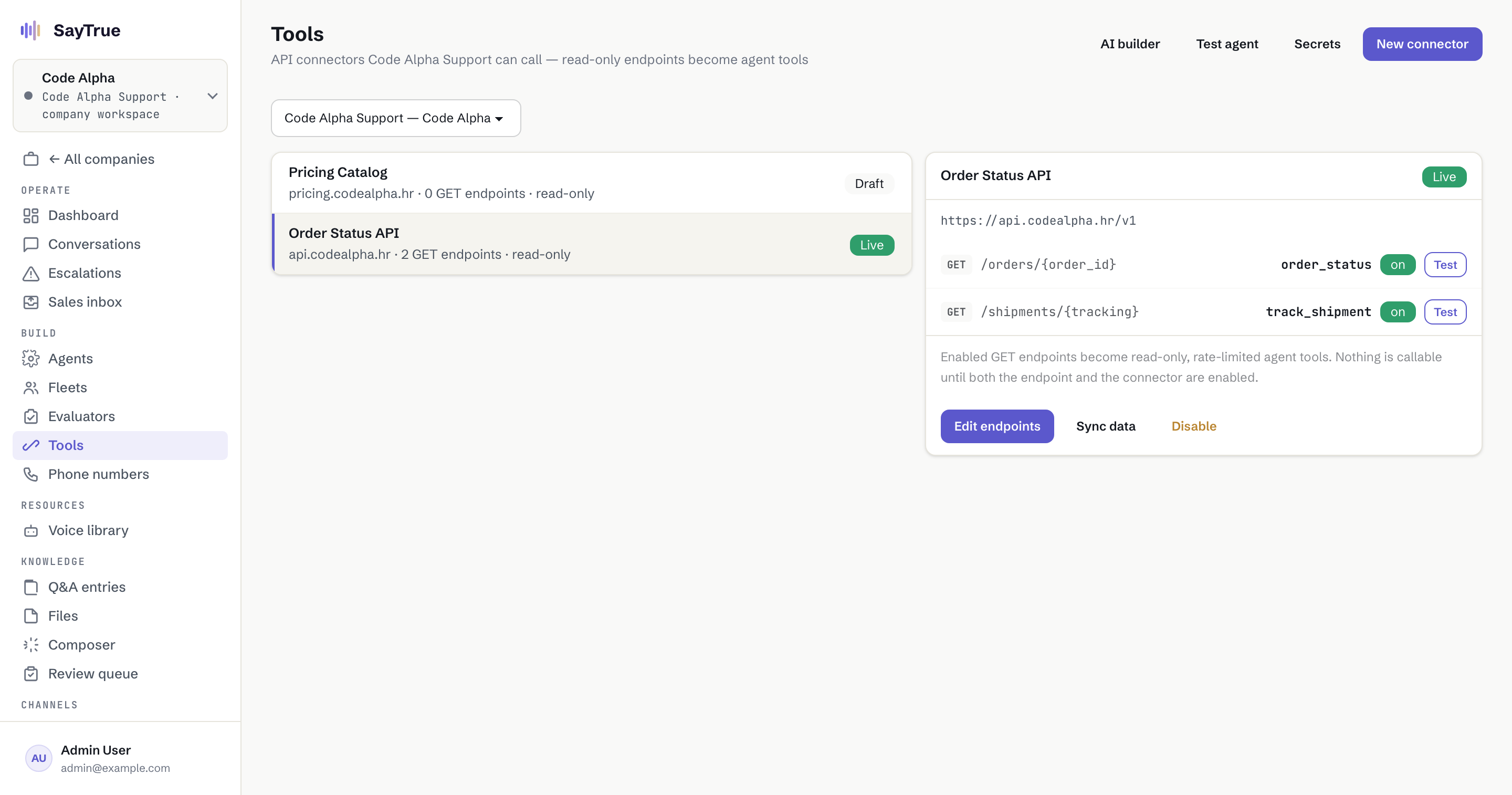 Read-only logistics connectors configured in the SayTrue console
